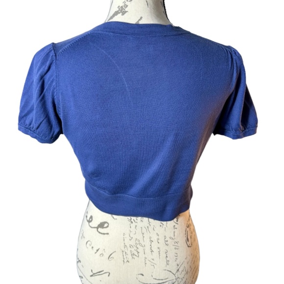 | Ann Taylor Loft | Blue Short Sleeve Crop Cardigan One Button - Petite Small - Picture 7 of 8
